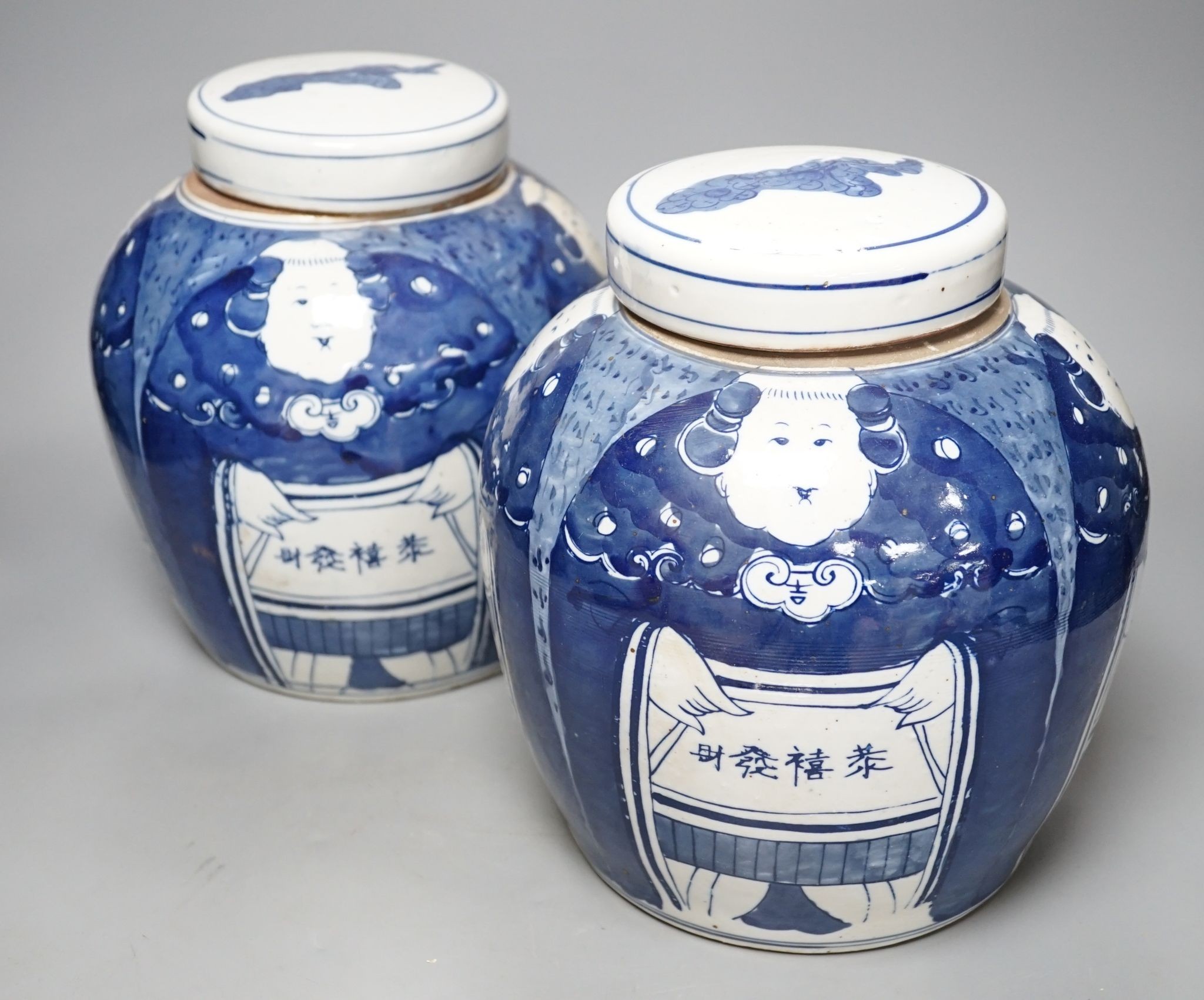 A pair of Chinese blue and white ovoid jars and covers, 25cm